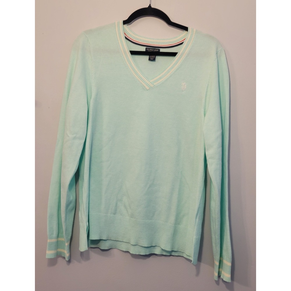 US Polo Assn Womens XL Mint Green V-Neck Sweater Striped Trim Long Sleeve Knit